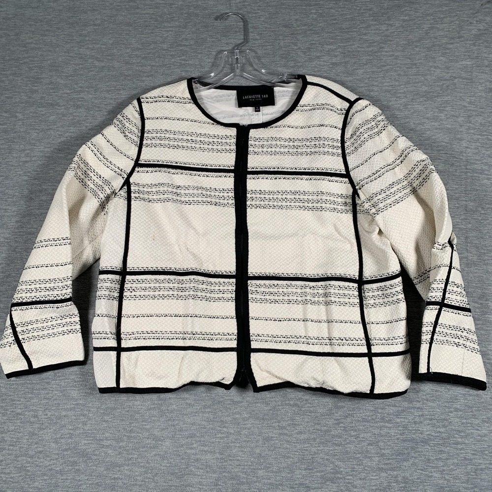 Lafayette‎ 148 New York Jacket Womens Large White Stripe Tweed Collarless Zip